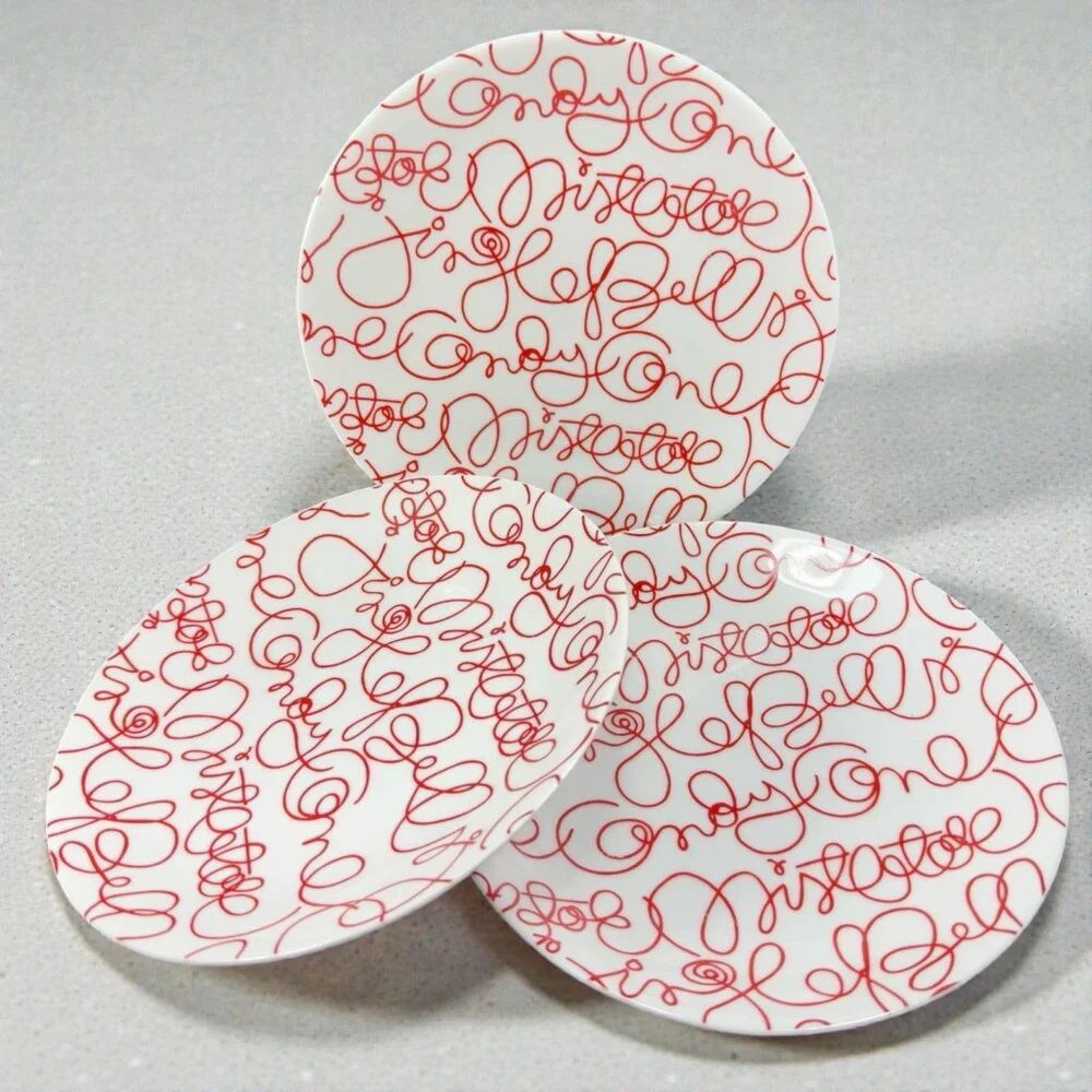 Crate & Barrel‎ Artwork Script Christmas Holiday Dish Plate Set 3 Plates 8.5inch